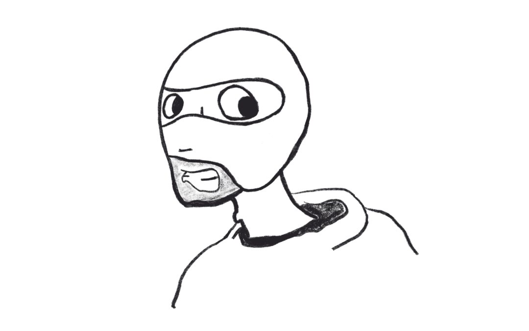 A man in a balaclava looking around suspiciously, smiling sneakily and wearing a hoodie.