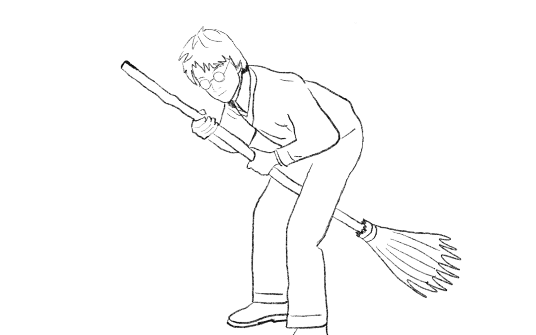 A young boy in school uniform riding a broomstick